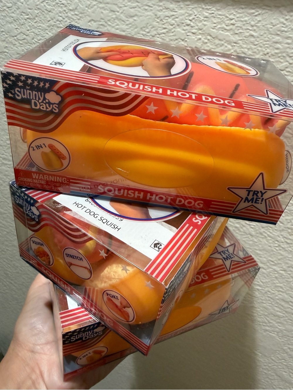 Bundle of 3 Hot Dog Squishy Toy from Sunny Days. 2-in-1 Fidget Bun. 4th of July